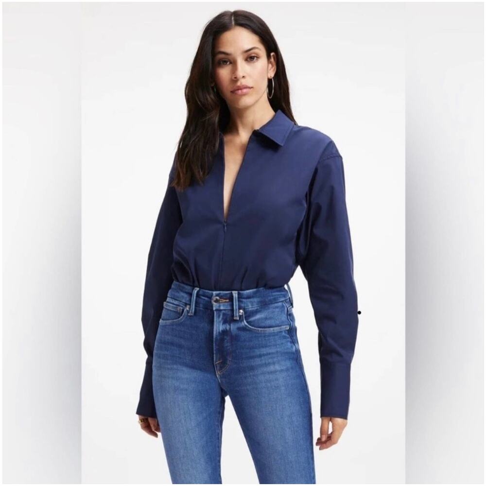 Good American Navy Long-Sleeve Collared Bodysuit